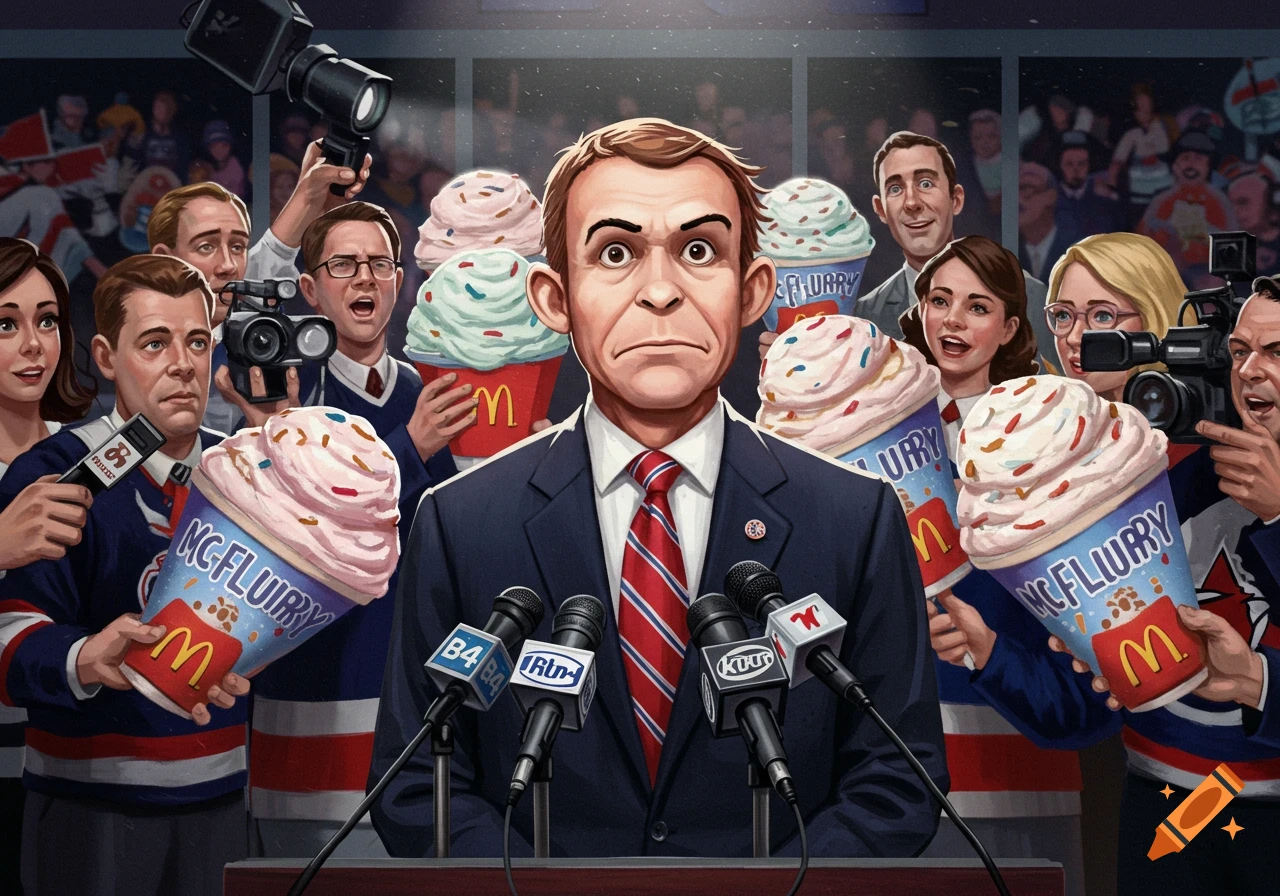 A serious man resembling Curious George speaks at a press conference, surrounded by reporters holding giant McDonald's McFlurry cups.