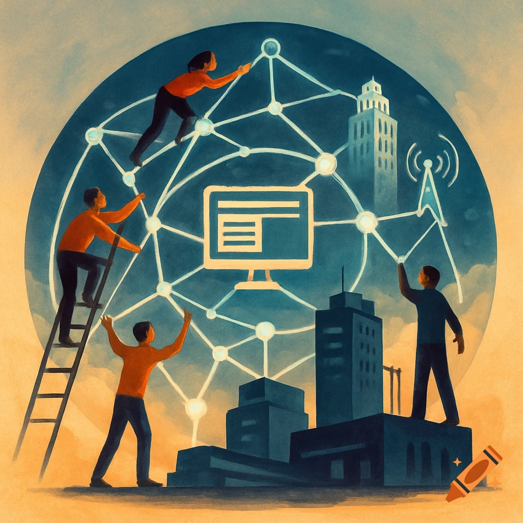 Illustrated scene of people connecting nodes on a global tech network over a city skyline, with a computer monitor icon.