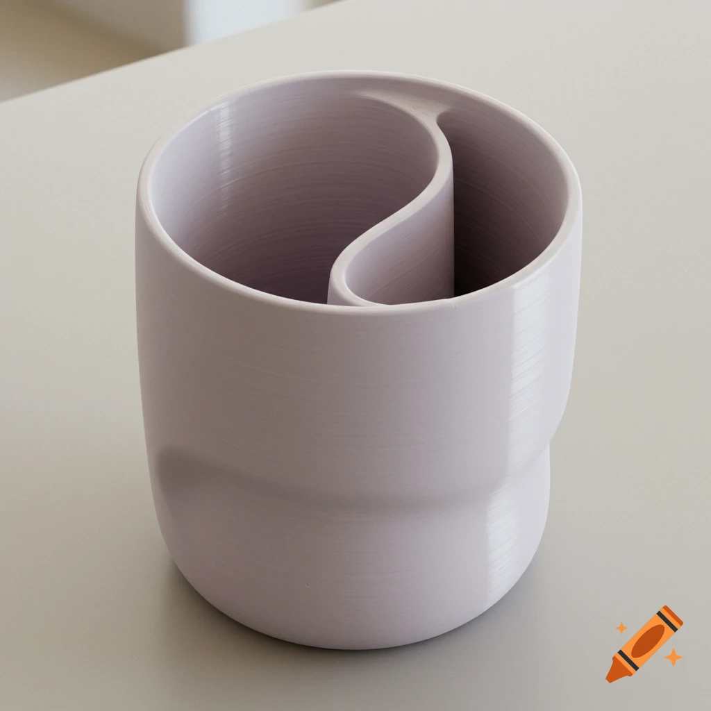 A light purple cylindrical container with an s-shaped divider inside, sitting on a light gray surface. Product photography.