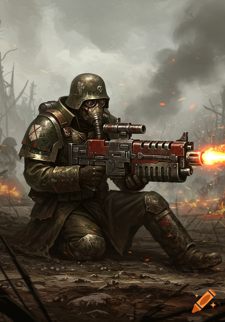 A gritty digital painting of a soldier in a gas mask and helmet, crouching and firing a heavy weapon with a bright orange muzzle flash in a smoky, war-torn landscape.