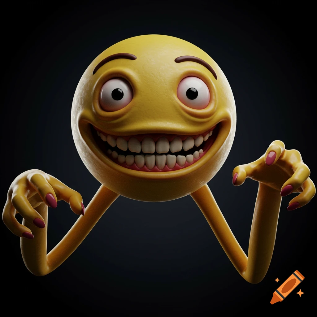 A 3D rendering of a yellow emoji with large bloodshot eyes, a creepy wide smile with many teeth, and long arms with painted nails.