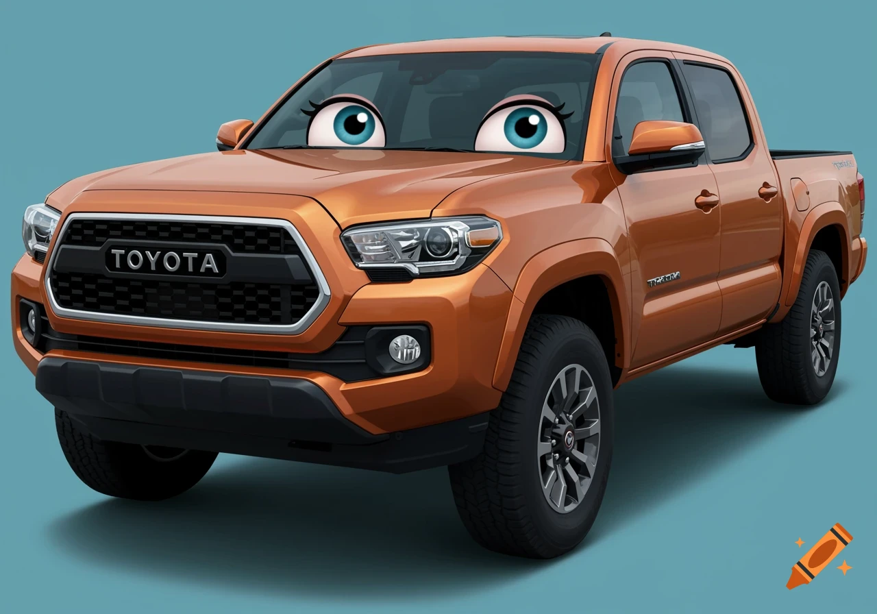 An orange Toyota Tacoma truck with large, cartoonish blue eyes on its windshield, set against a teal background.