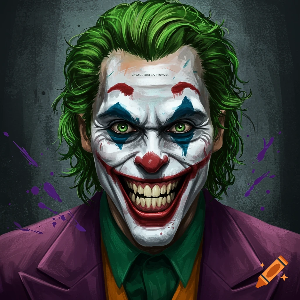 Close-up digital art portrait of the Joker with green hair, white clown makeup, red smile, green eyes, and a purple suit.