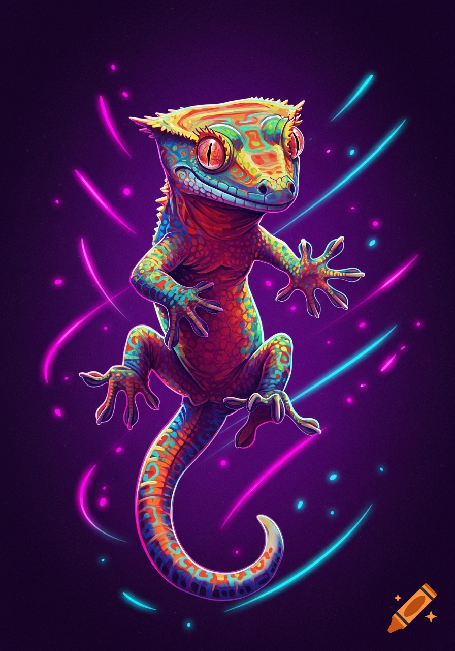 A vibrant, colorful crested gecko in a stylized, neon-lit pose against a dark background.