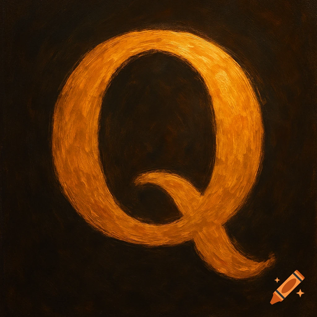An artistic rendering of the letter Q in gold brushstrokes on a dark background.