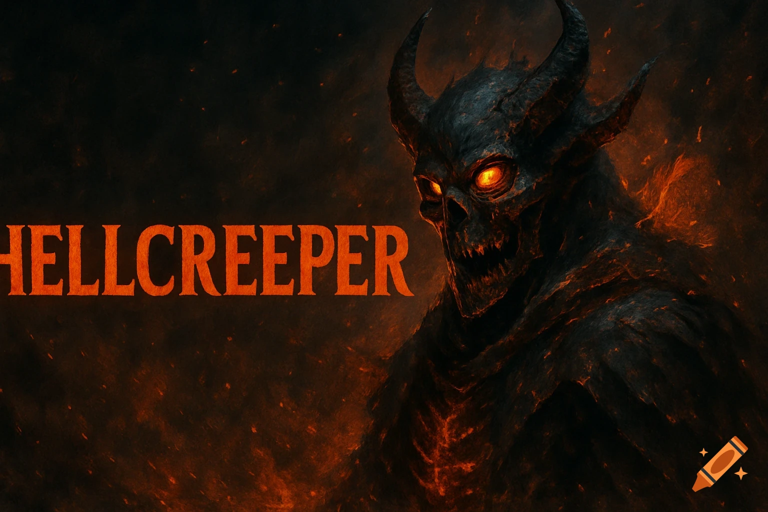 A dark, horned demon-like creature with glowing orange eyes emerges from fire, with the word "HELLCREEPER" in orange text.
