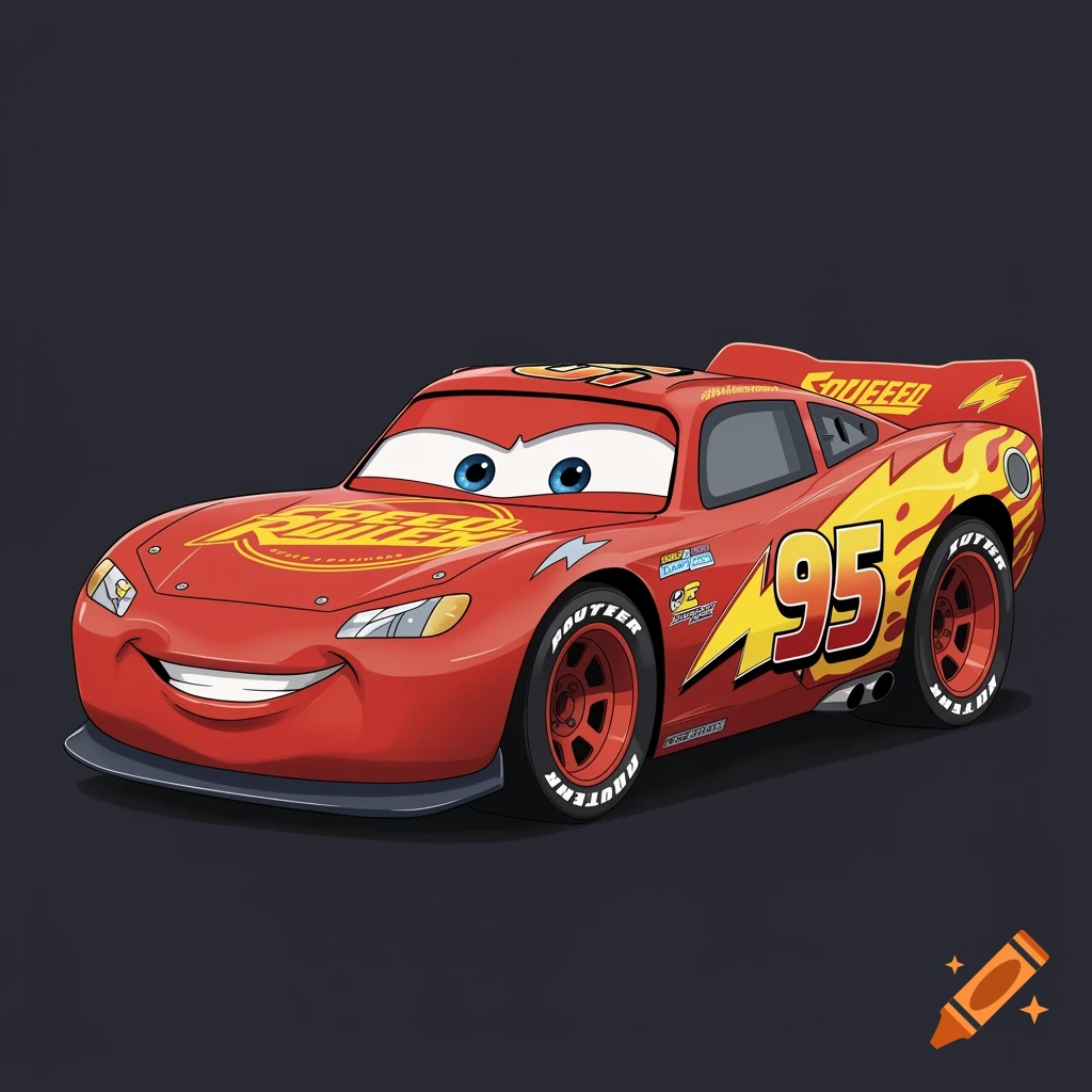 A cartoon red race car with a wide smile, blue eyes, and the number 95 on its side, against a dark background.