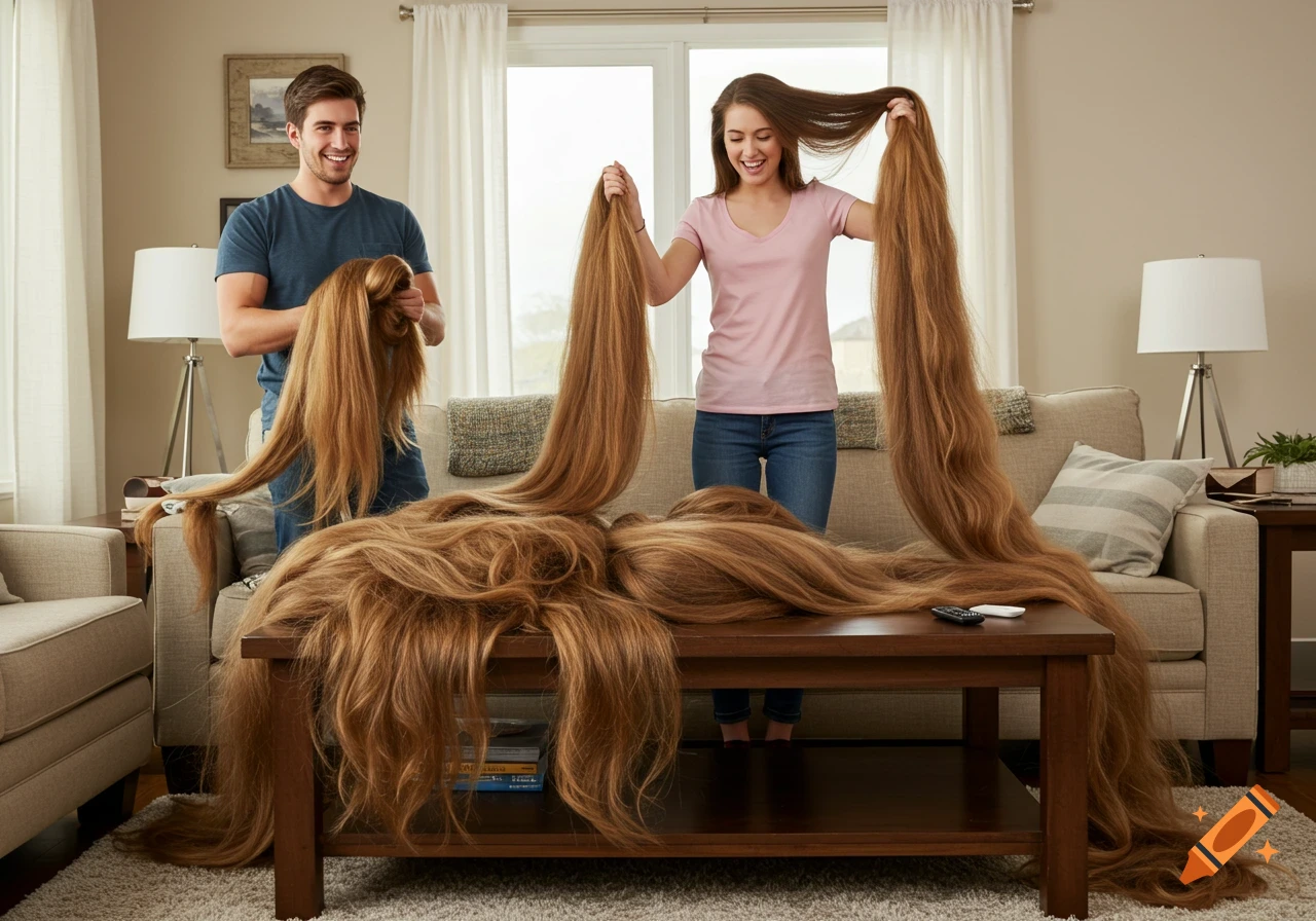 A man and woman in a living room holding enormous amounts of incredibly long, thick hair, which is also piled on the coffee table and sofa.