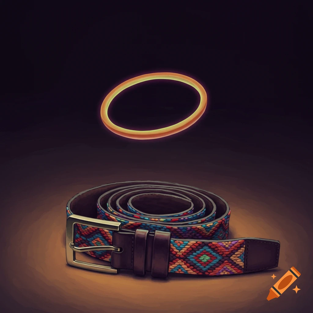 A rolled-up colorful patterned belt with a metal buckle on a dark surface, with a glowing orange elliptical ring floating above it.