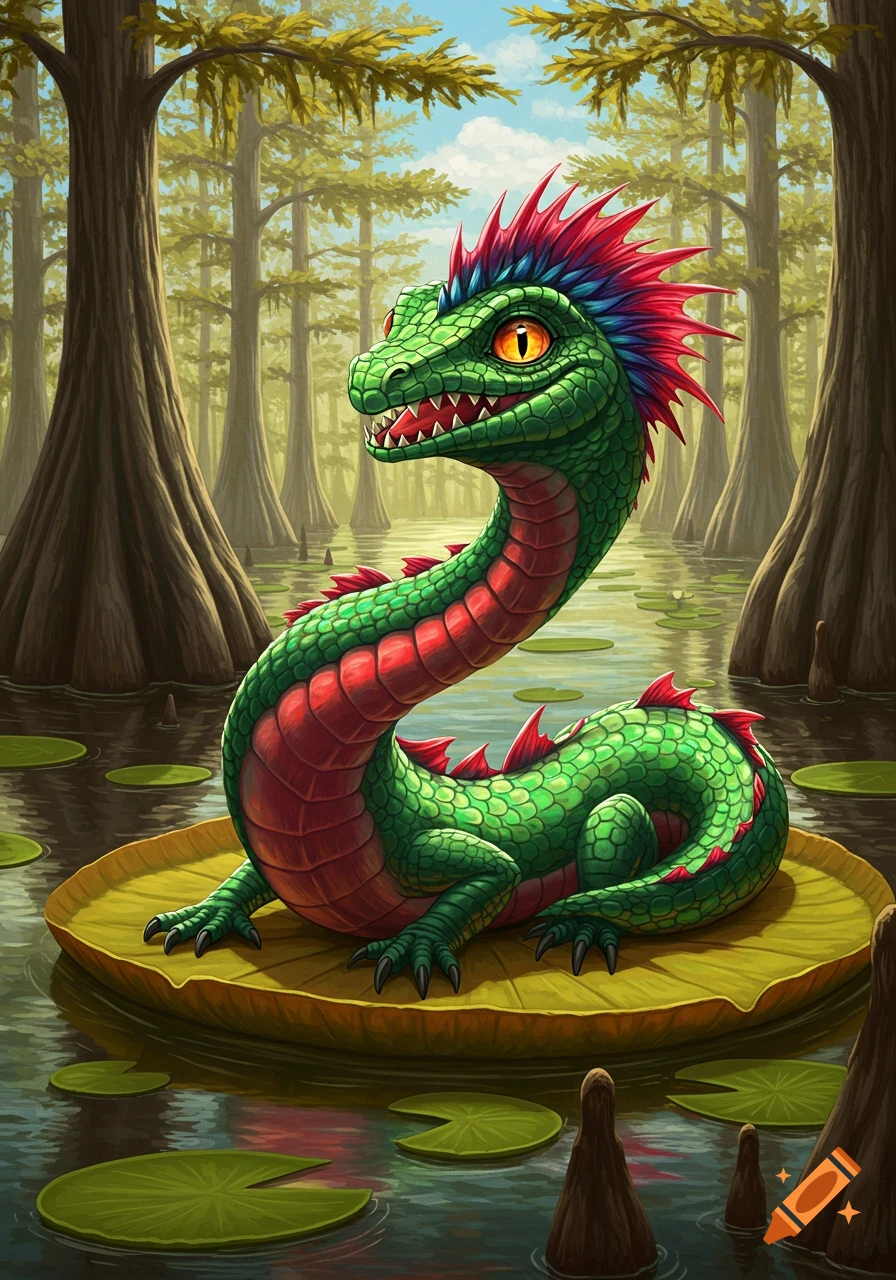 A cartoon green dragon with red spikes and an orange belly sits on a lily pad in a swamp with cypress trees.