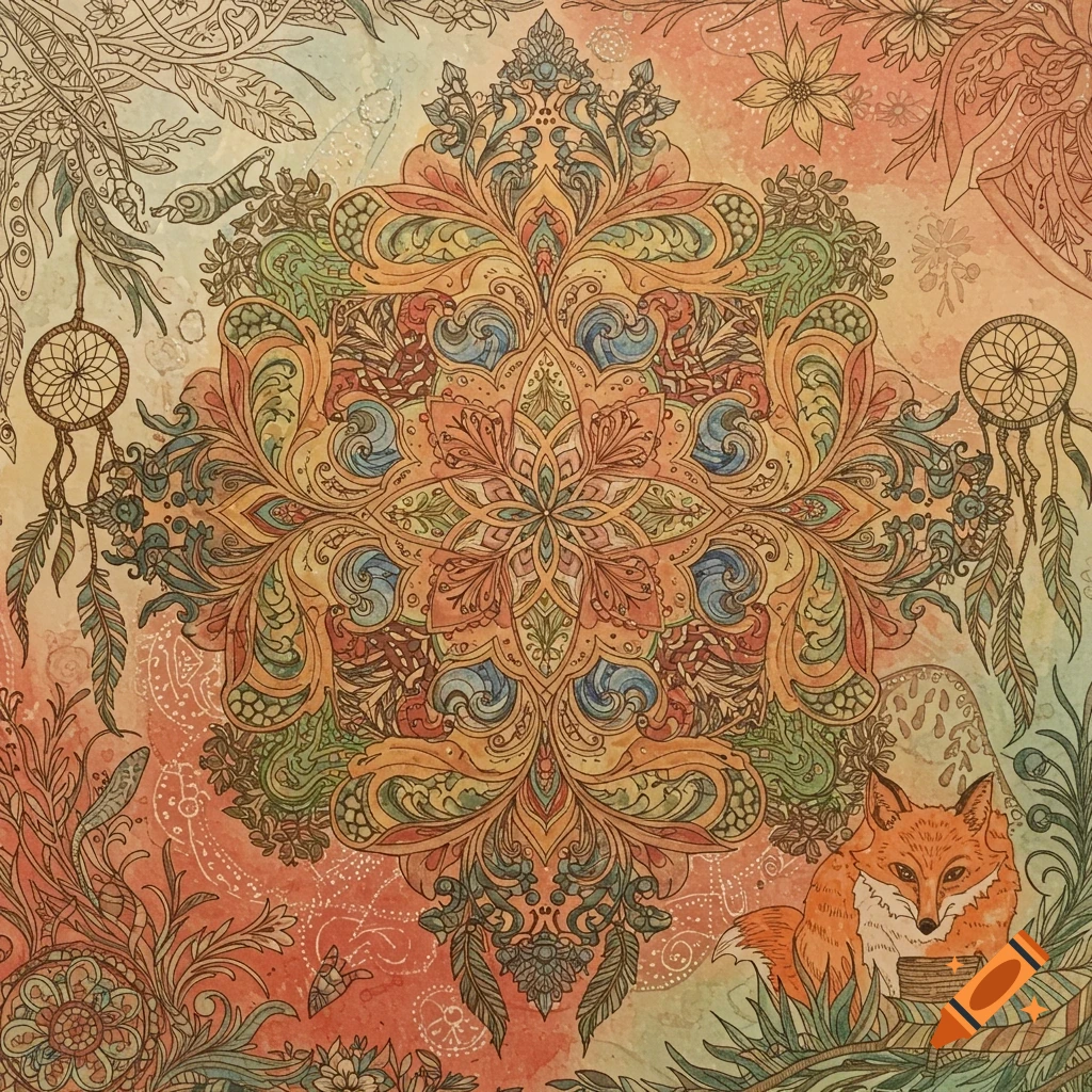 Intricate boho mandala illustration with a fox, dreamcatchers, and earthy elements, perfect for a coloring book.