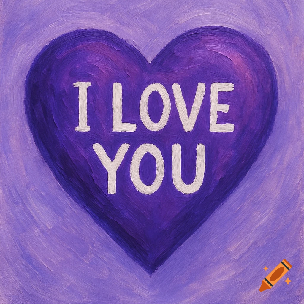 Purple heart with 'I LOVE YOU' text in a painterly style.