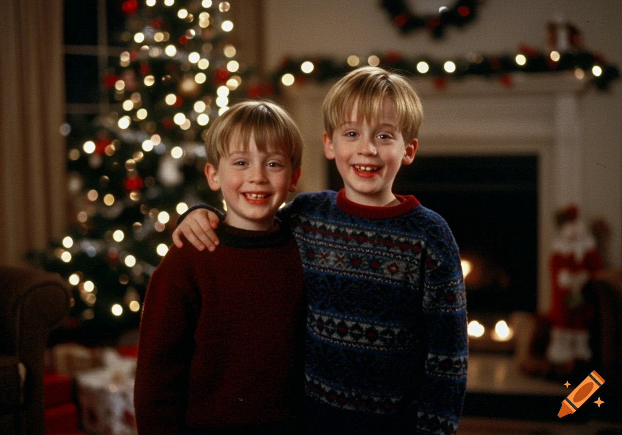 Two young boys smiling and embracing in front of a lit Christmas tree and fireplace.