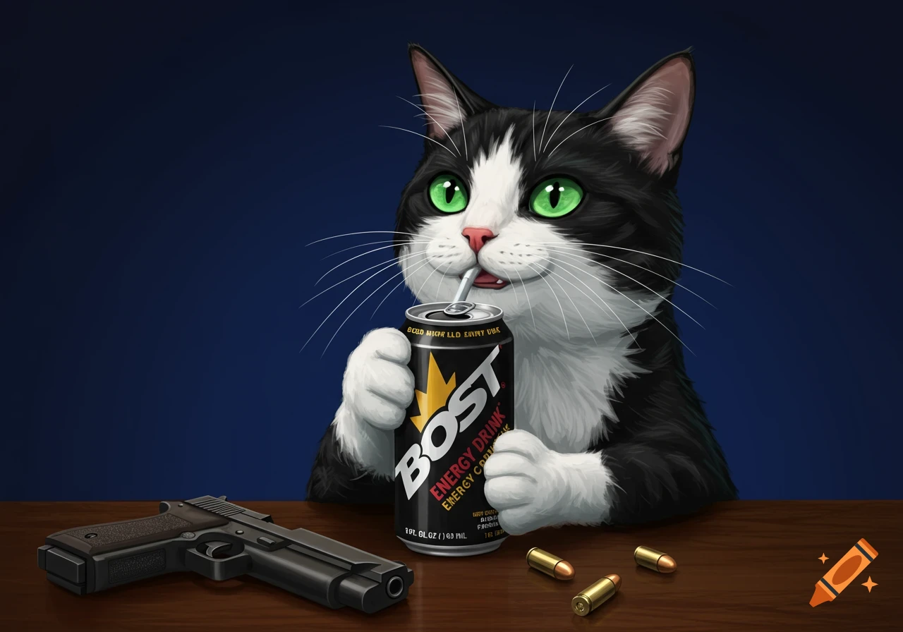 A black and white cartoon cat with bright green eyes drinks from a black energy drink can through a straw, with a gun and bullets on the wooden table beside it.