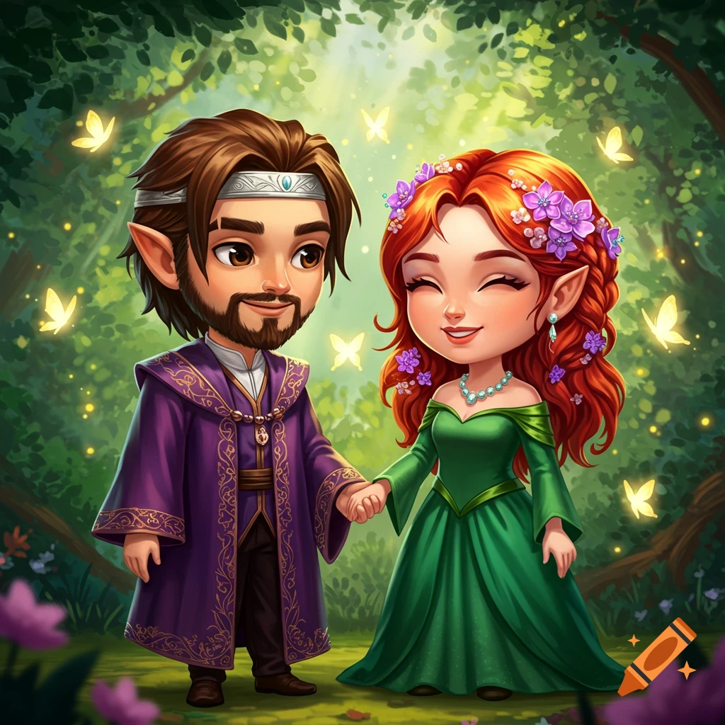 A cute cartoon wizard and witch couple hold hands in a magical forest surrounded by glowing butterflies.