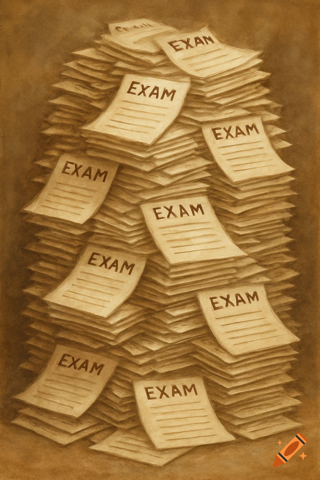 A tall stack of sepia-toned exam papers, many with 'EXAM' written on them, in a drawn style.
