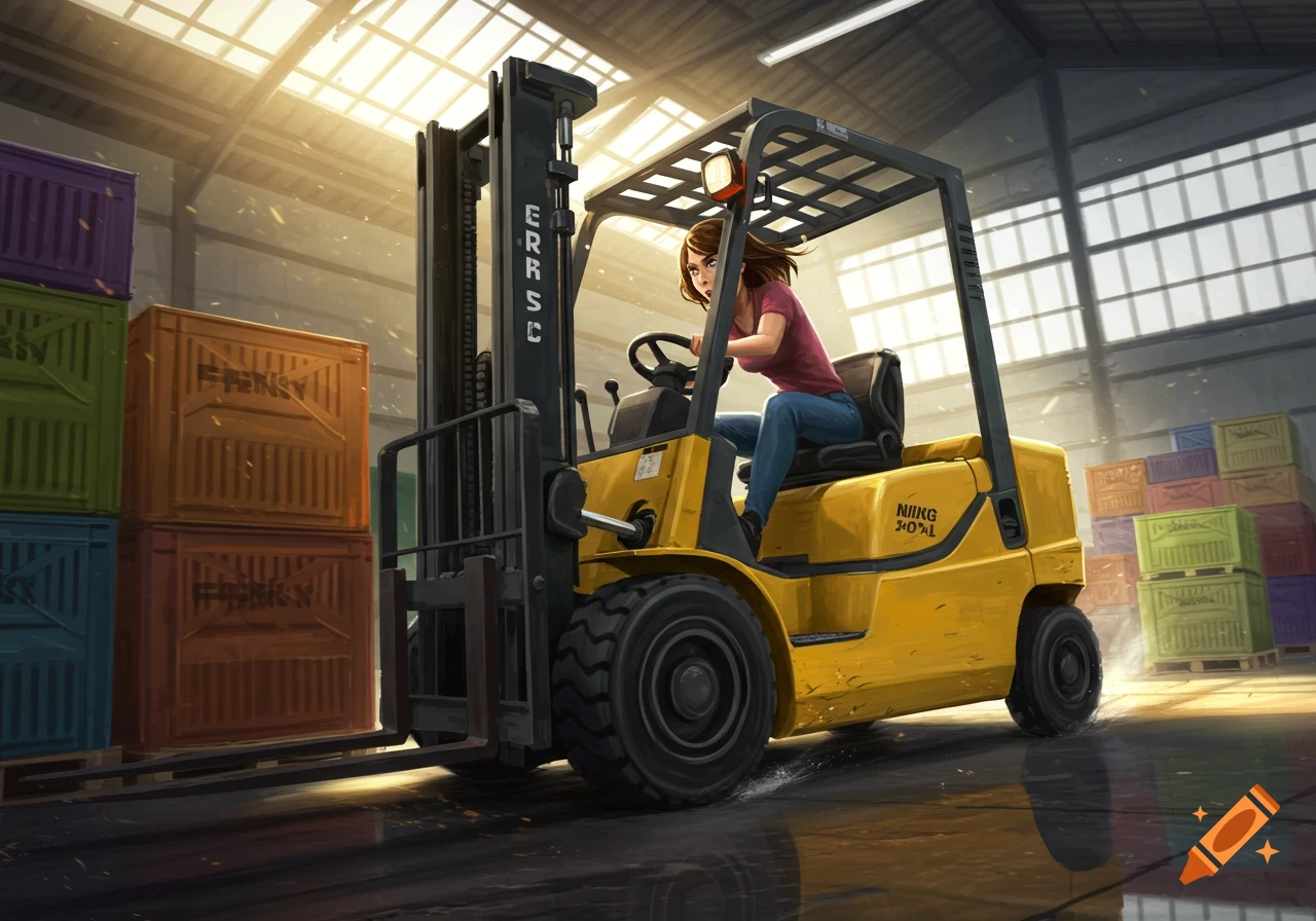 A stylized illustration of a woman in a pink shirt and blue jeans driving a yellow forklift in a warehouse filled with crates.