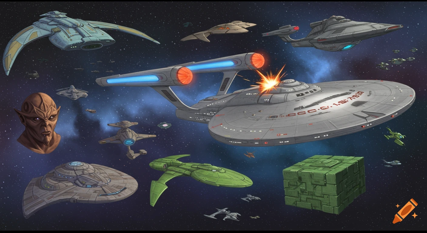 A vibrant illustration of a Star Trek space battle with various ships including the Enterprise, a Romulan Warbird, Klingon Bird of Prey, and a Borg cube, against a starry background.