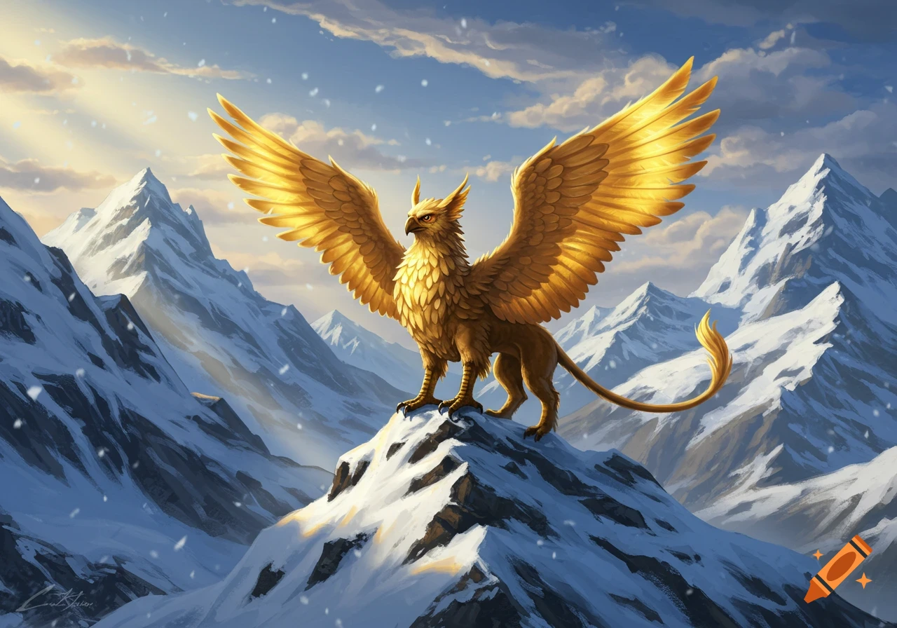 A majestic golden gryphon stands on a snowy mountain peak as snow falls from a bright sky.