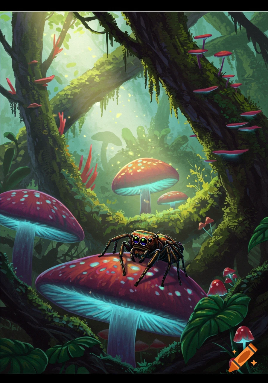 A colorful jumping spider rests on a glowing mushroom in a vibrant, mossy fantasy forest, illustration.