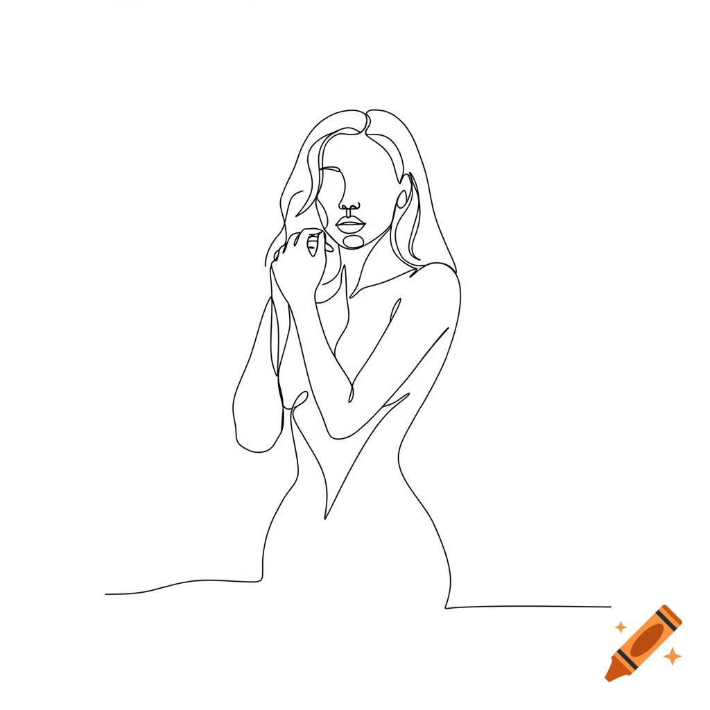 A minimalist single fine line drawing of a woman with long hair, her hands clasped near her chest.