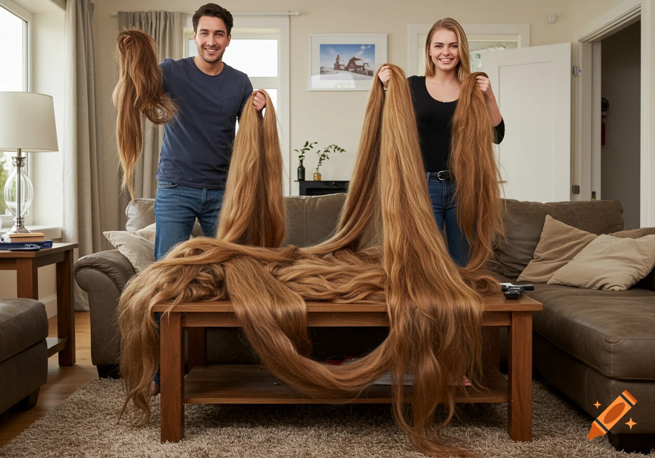 Photorealistic image of a smiling man and woman holding and displaying incredibly long, light brown hair that covers their living room table and sofa.