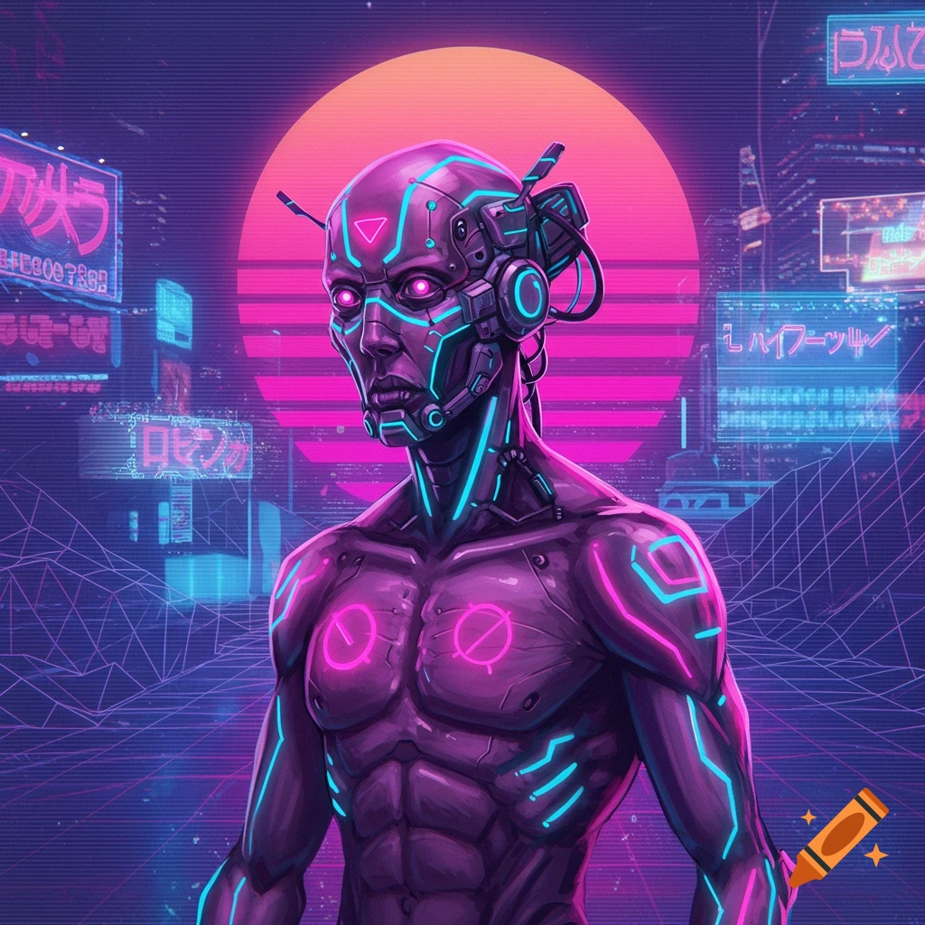 A purple cyberpunk robot with glowing pink and blue lights stands in a neon-lit city with a large pink sun.