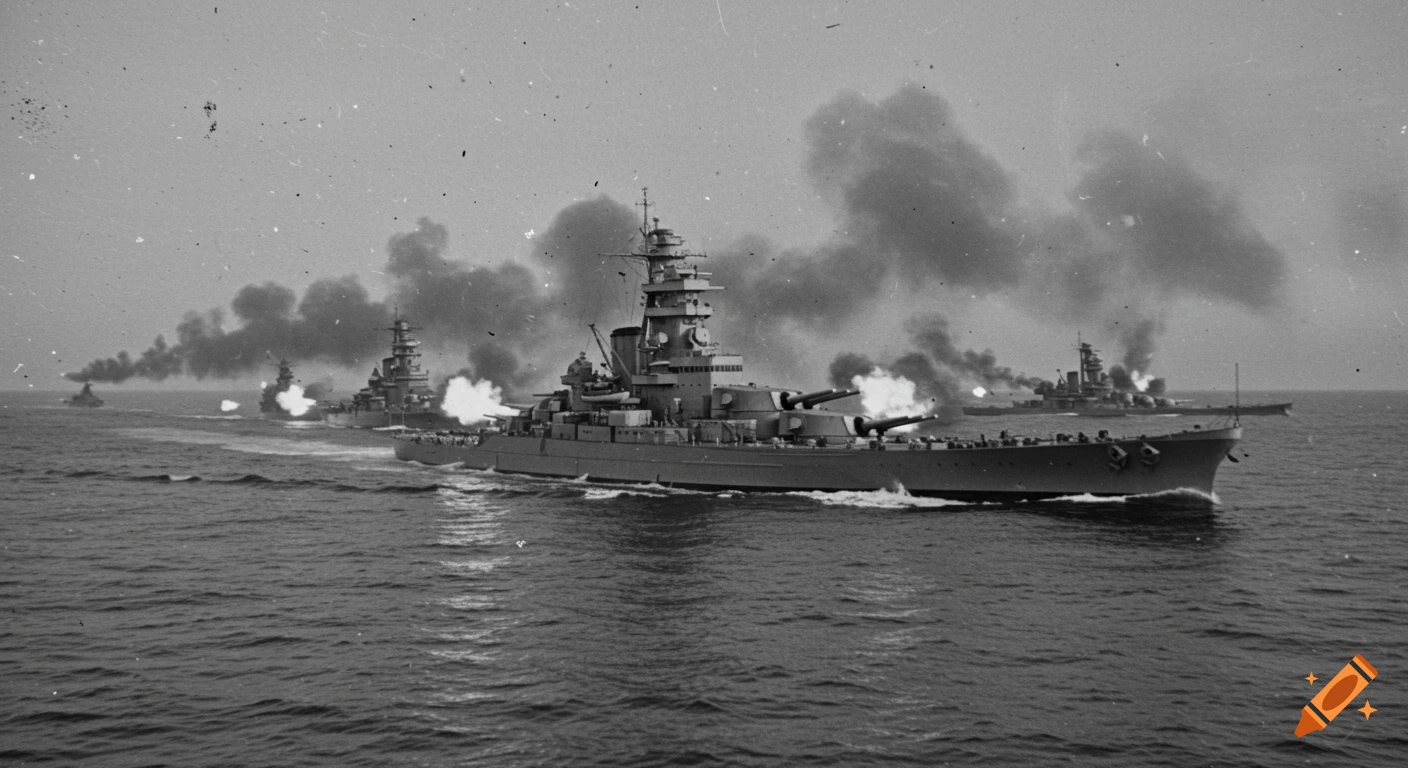 Black and white photo of World War 2 battleships firing cannons on the open sea, with smoke billowing from their guns.