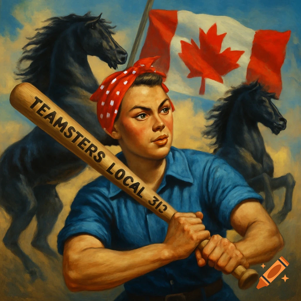 A Rosie the Riveter-style woman in a blue shirt and red bandana holds a baseball bat with "TEAMSTERS LOCAL 313". Black horses and a Canadian flag are in the background.
