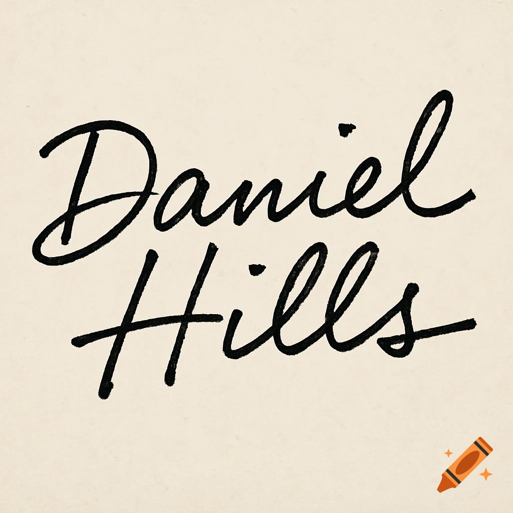 Black messy handwritten cursive text spelling 'Daniel Hills' on a light beige paper background.
