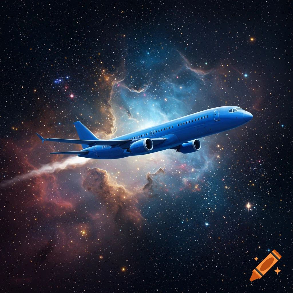 A blue passenger airplane flying through a vibrant cosmic nebula and starry night sky.