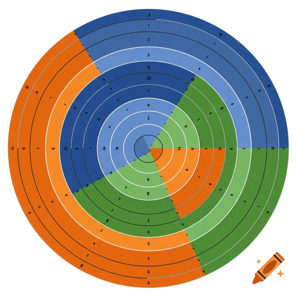 A colorful circular target with concentric rings divided into blue, green, and orange sections, filled with many random numbers and letters.