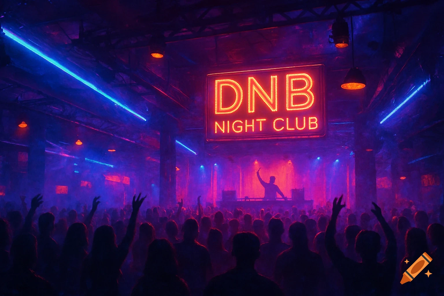 A crowded DNB night club with a large glowing sign and a DJ performing on stage, bathed in blue and red neon lights.