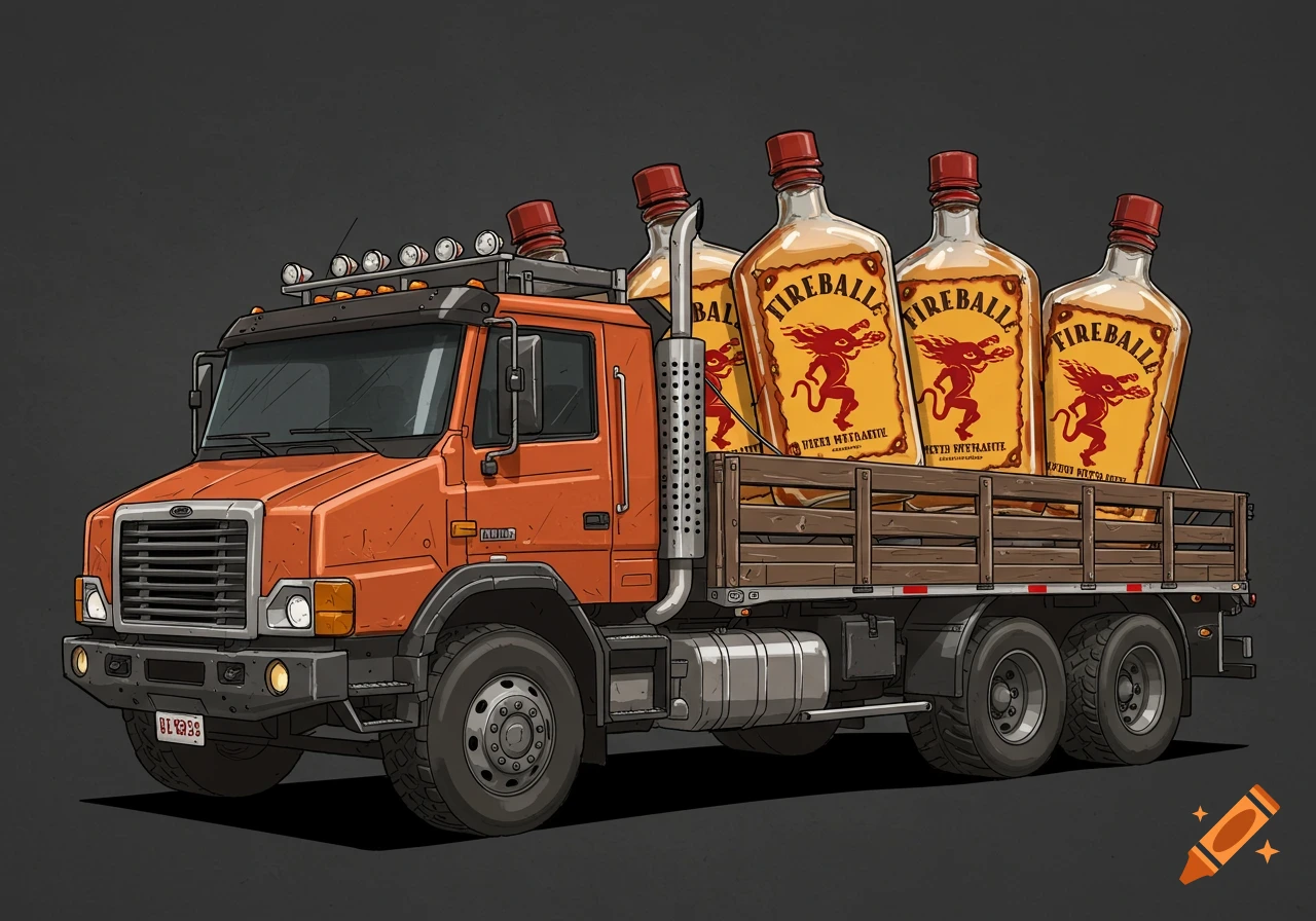 An orange heavy-duty truck with a flatbed carries four oversized Fireball whisky bottles on a dark gray background in an illustration style.