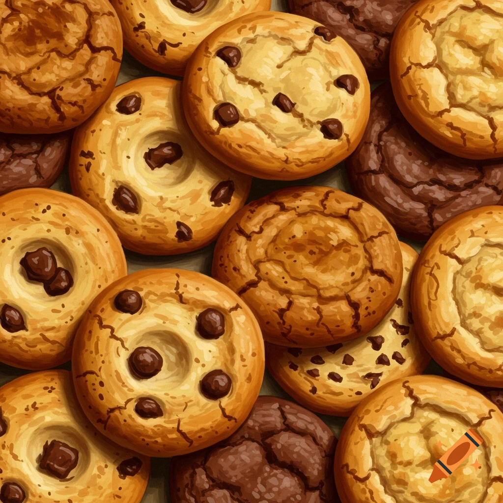 Overhead view of various cookies, including chocolate chip and darker chocolate varieties, in a stylized, painterly render.