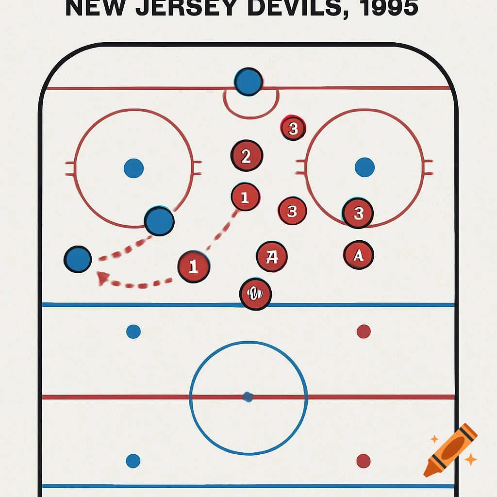A diagram illustrating the Neutral Zone Trap hockey strategy on a rink, with red and blue circles and arrows.