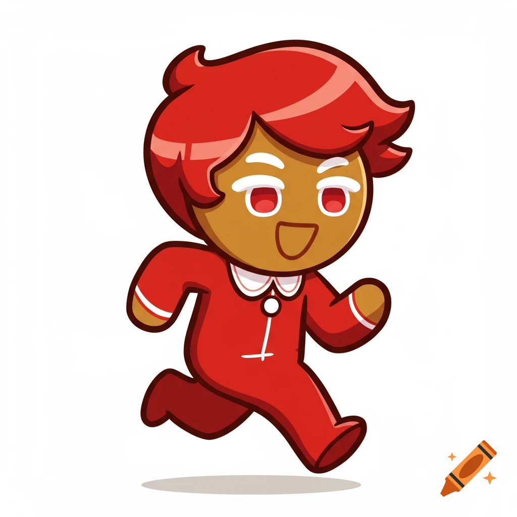 A cartoon gingerbread man character with red hair, wearing a red outfit, runs happily.