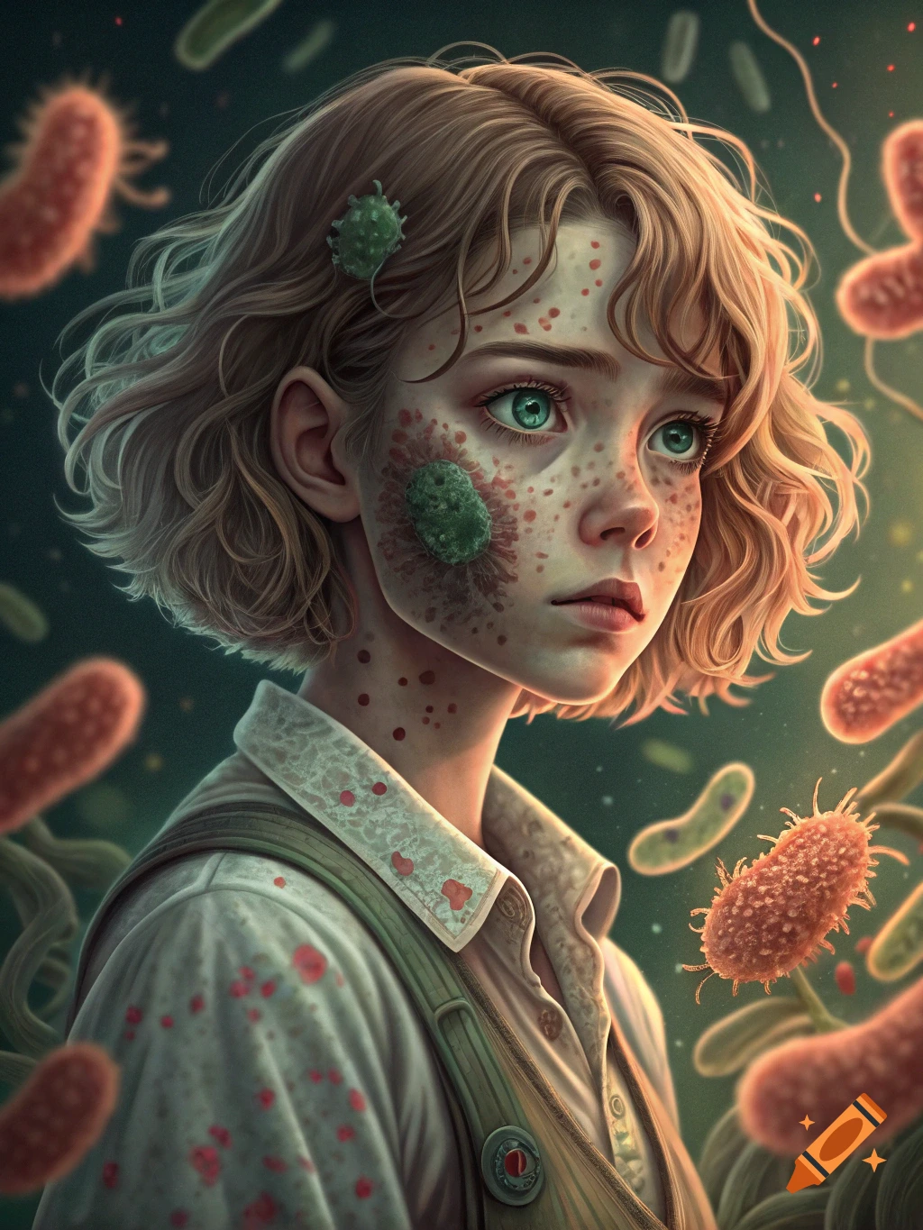 A girl with short blonde hair and green eyes, her skin mottled with blemishes, surrounded by glowing microorganisms in a stylized digital illustration.