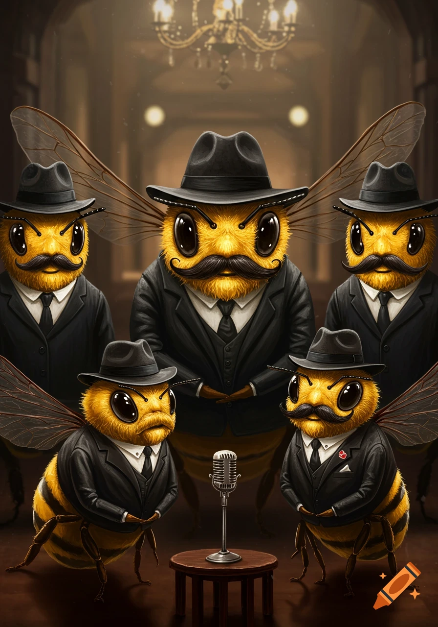 Five anthropomorphic bees in black suits, fedoras, and mustaches stand around a microphone in a dark, elegant room.