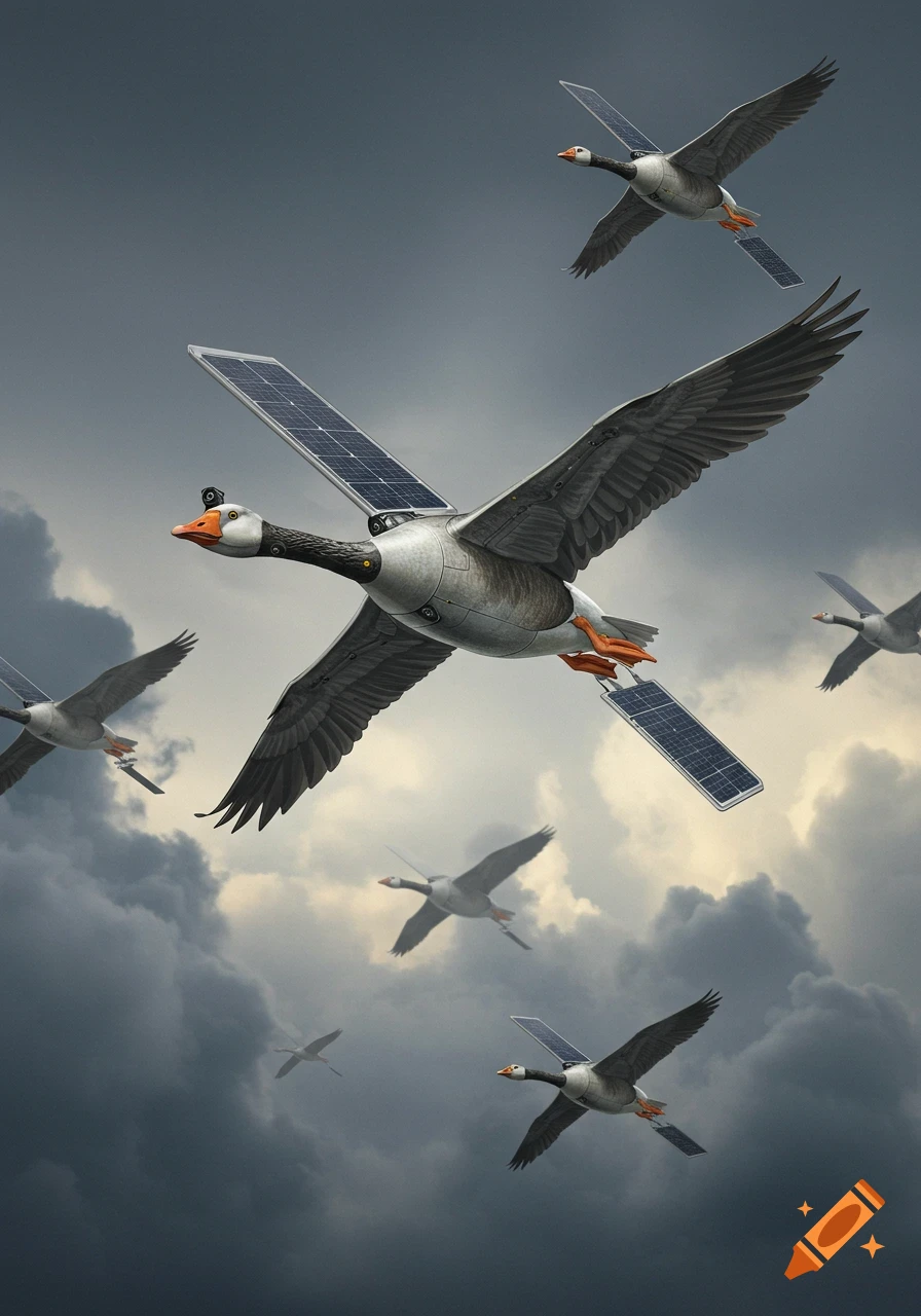 Robotic geese with solar panel wings fly through a dark, cloudy sky.