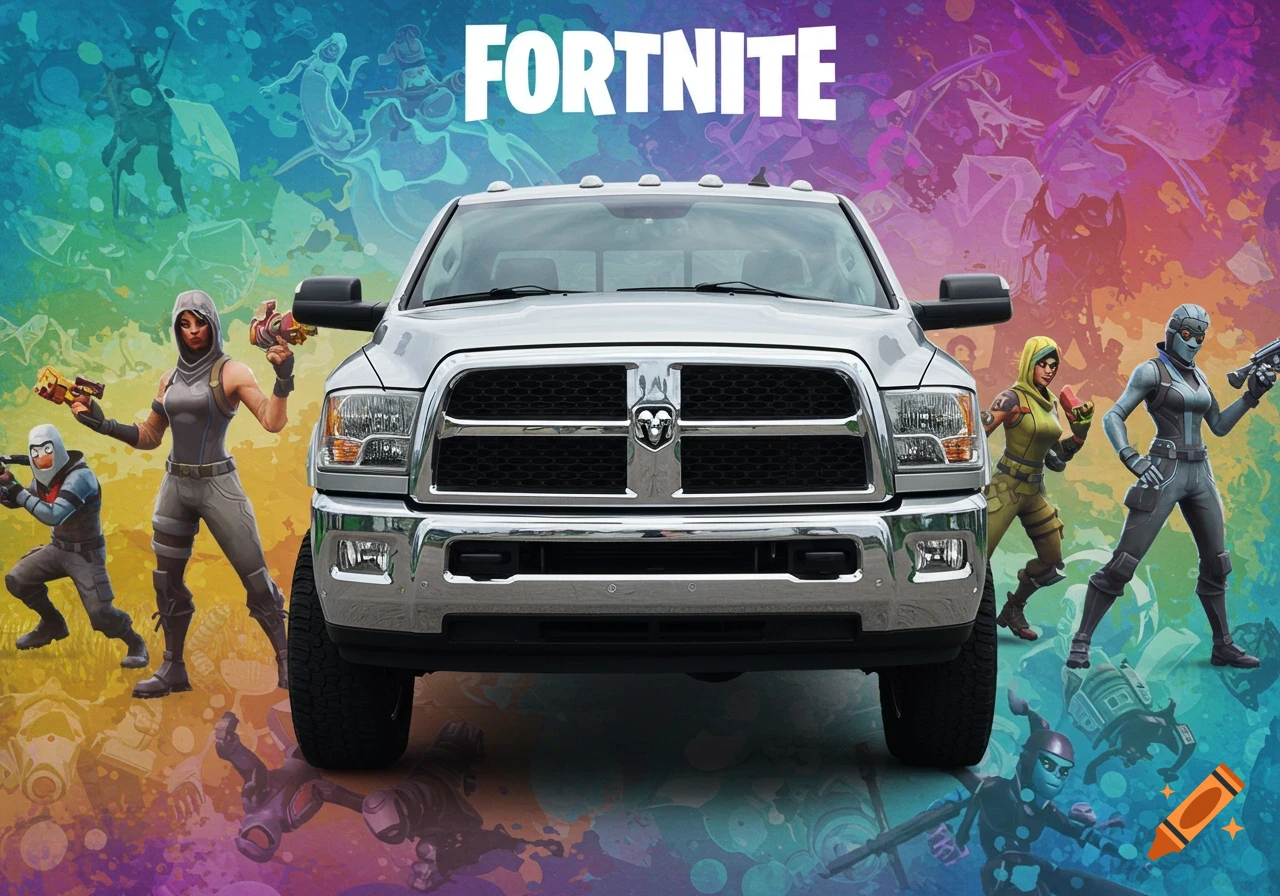A silver pickup truck in front of a colorful Fortnite-themed background with game characters and the Fortnite logo.