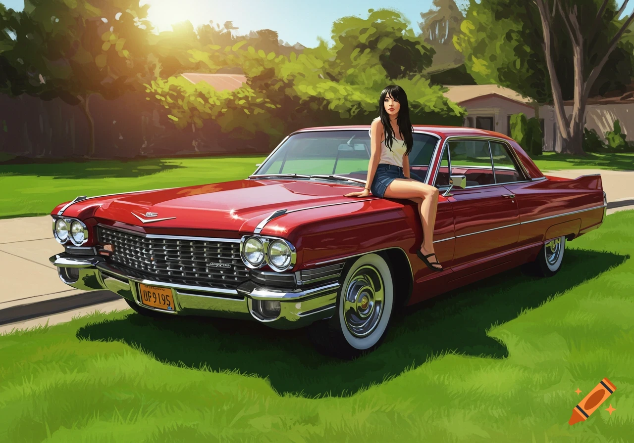 A woman in a white top and denim shorts sits on the hood of a red vintage car parked on a grassy lawn under a sunny sky, rendered in an illustrative style.