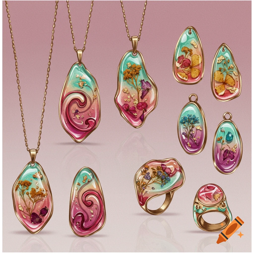 Vibrant resin jewelry with embedded dried flowers and gold flakes, including necklaces, pendants, and rings, against a pink background.