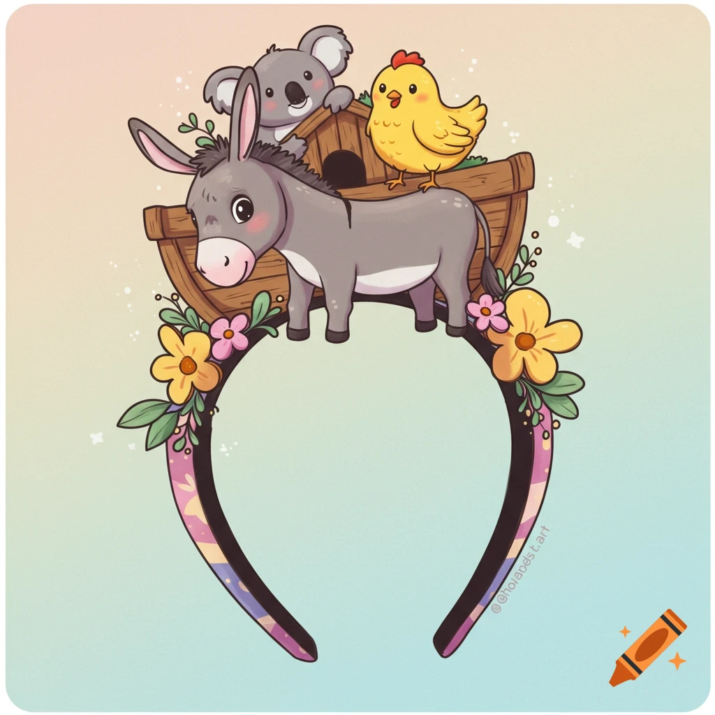 A cartoon headband featuring a donkey carrying a chicken, a koala peeking from a wooden ark on its back, adorned with flowers.
