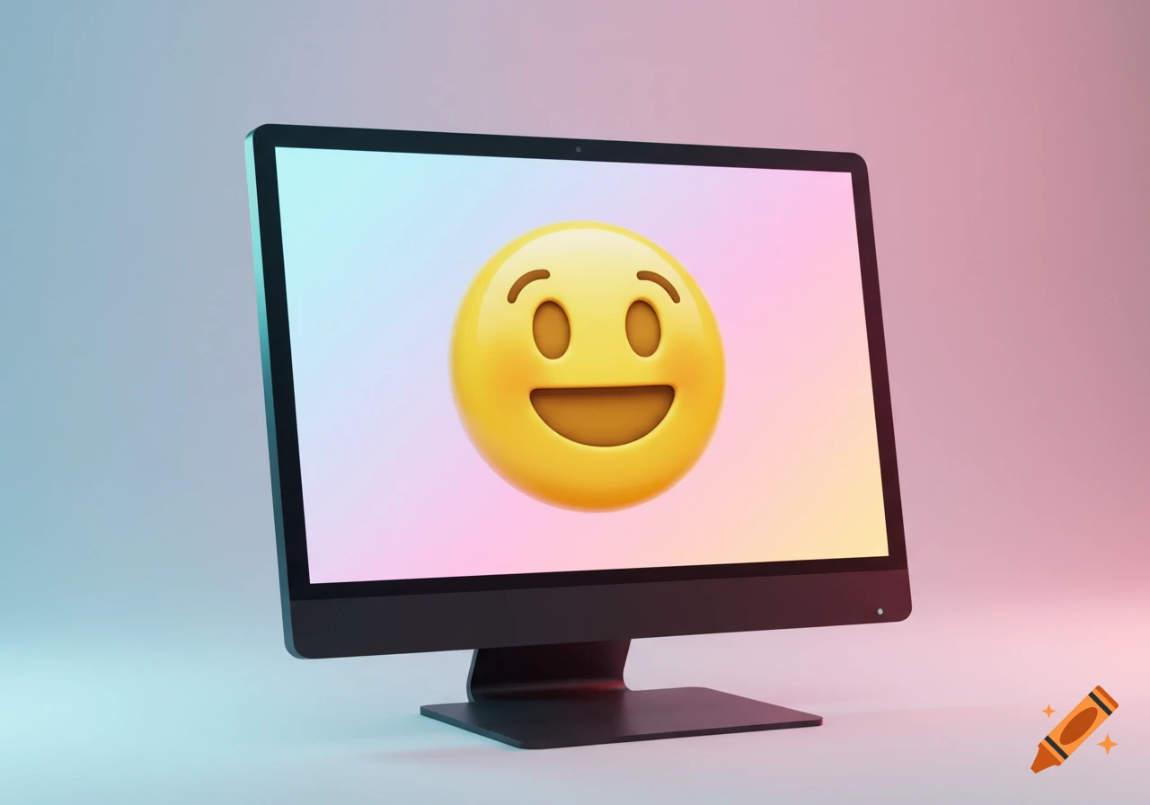 A desktop computer displaying a large, yellow smiling emoji on its screen, set against a colorful gradient background.