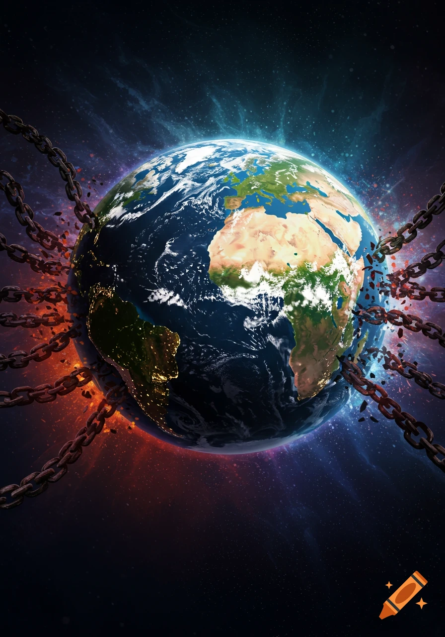 Planet Earth surrounded by breaking metal chains, with light emanating from behind, against a dark starry space background.