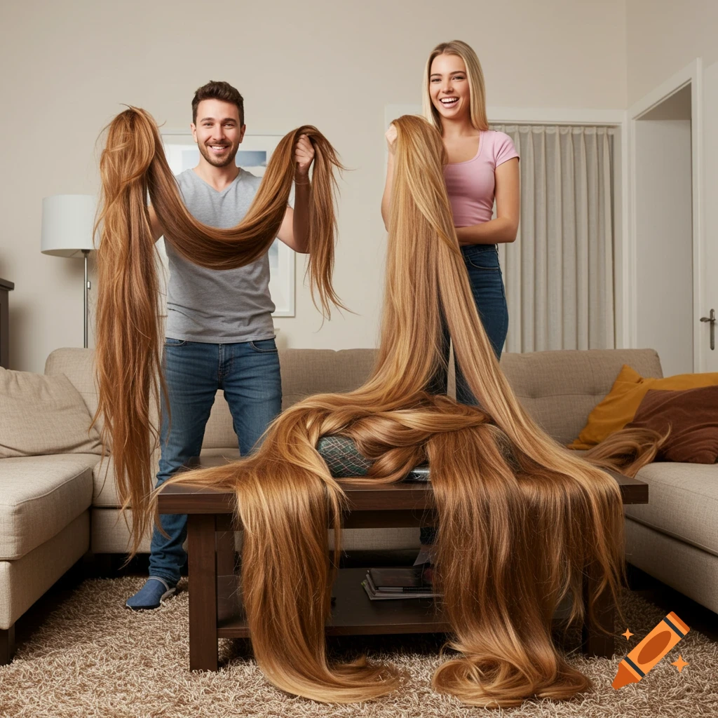 A happy man and woman in a living room holding and surrounded by an enormous amount of light brown, flowing hair.