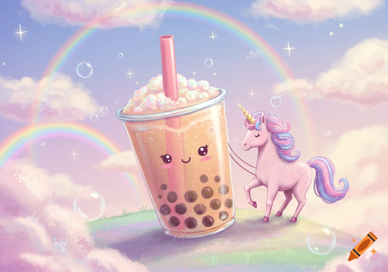 A whimsical, pastel-colored scene with a happy bubble tea cup riding a sparkling pink unicorn under rainbows and clouds.