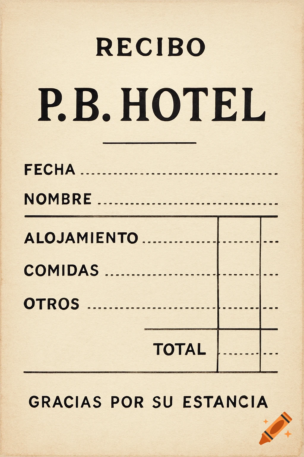 A vintage-style hotel receipt form with sections for date, name, lodging, meals, and total. Text reads 'P.B. HOTEL'.