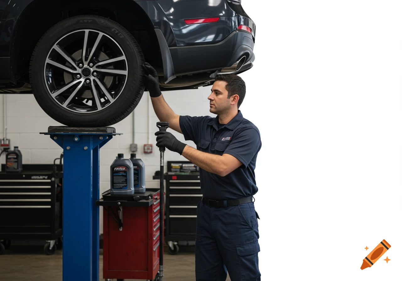 A male auto technician in a dark blue uniform inspects a car tire on a lift in a clean garage.